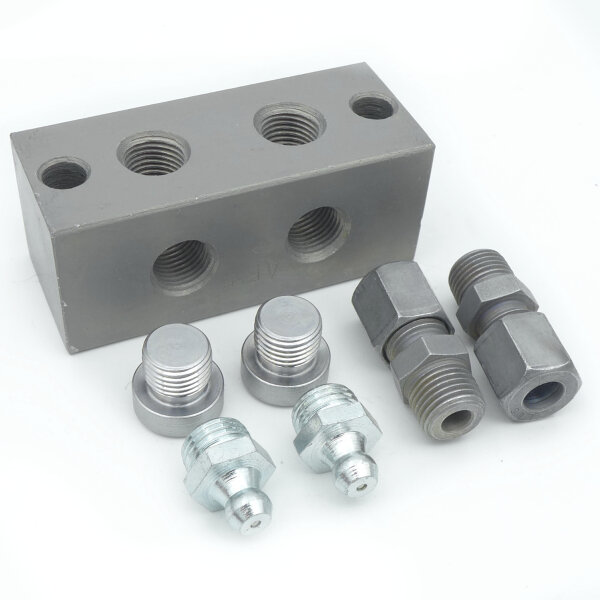 Nippelblock mit T-Bohrung 2er mit Schmiernippel und Einschrauber 6LL