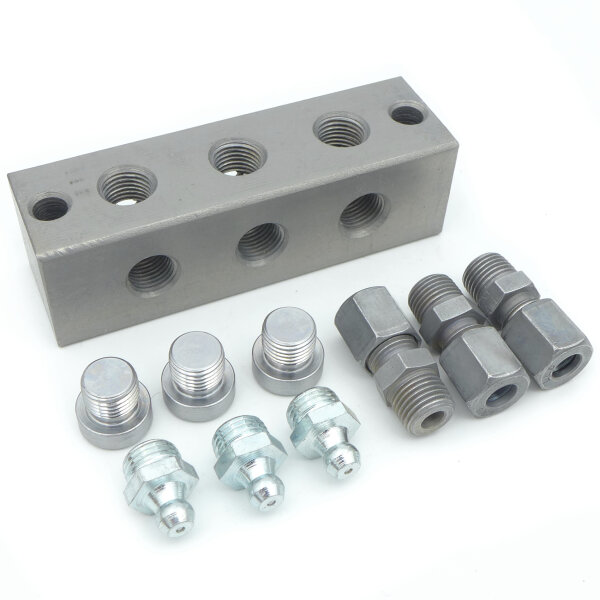 Nippelblock mit T-Bohrung 3er mit Schmiernippel und Einschrauber 6LL
