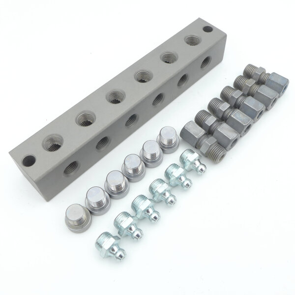 Nippelblock mit T-Bohrung 6er mit Schmiernippel und Einschrauber 6LL